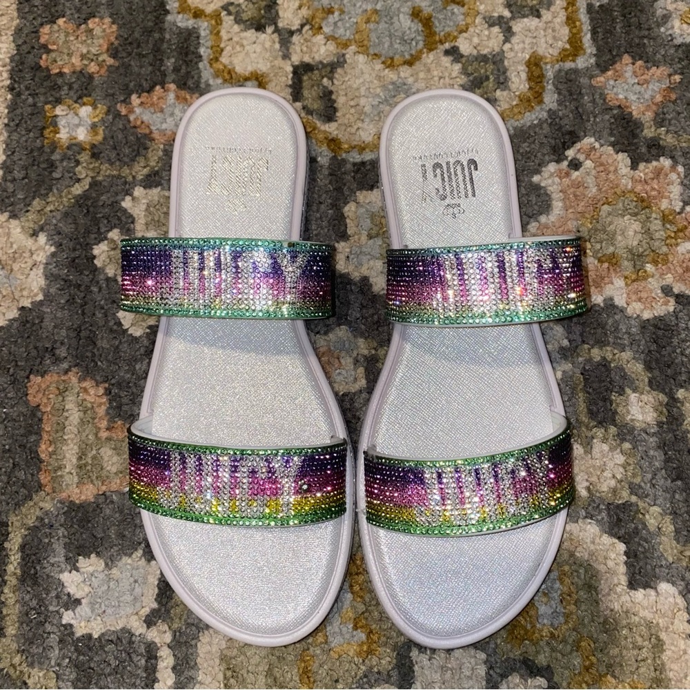 Juicy couture 2000s girly glamorous glamour rainbow rhinestone bedazzled sandals